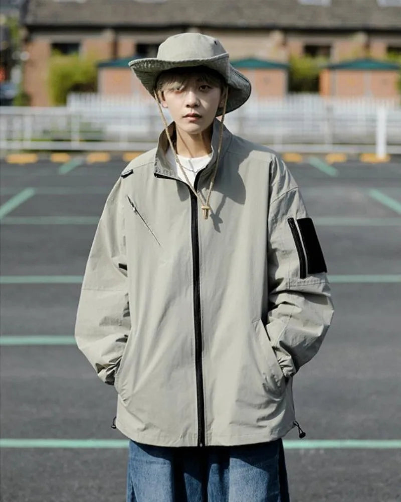 Outdoor Mens Charge Jacket Retro Loose Stand Collar Waterproof Tooling Coats Thin Color Blocked Zipper Hiking Windbreaker Street King Limited