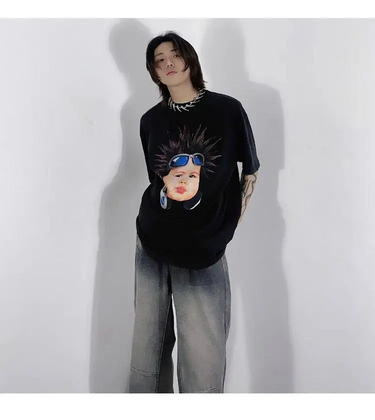 Korean pure cotton printed short-sleeved T-shirt for men and women creative angel hip-hop street Y2K loose half sleeved top Street King Limited