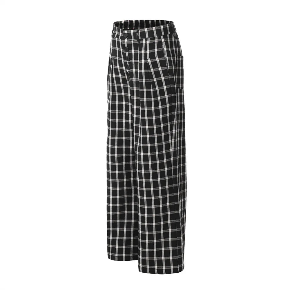 men women american streetwear fashion loose plaid wide leg straight pant boyfriend button down sports casual pants trousers unique default style 1402