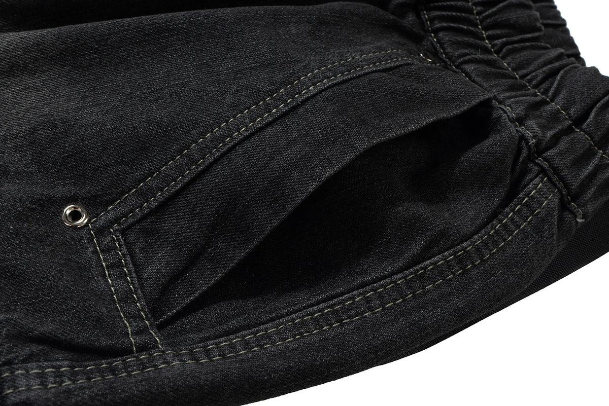 ro style ribbons streetwear multi pockets cargo short for men elastic waist wide leg baggy jeans knee length pants loose overall unique cargo style 4354