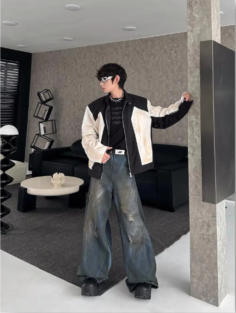 street american color block mens jacket 2024 new autumn zipper patchwork shoulder pads racing coats motorcycle windbreaker unique default style 3232