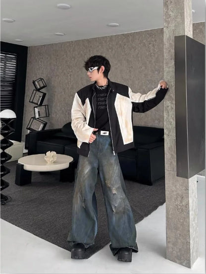 street american color block mens jacket 2024 new autumn zipper patchwork shoulder pads racing coats motorcycle windbreaker unique default style 3232