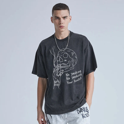 Rainbowtouches Washed Men's New T Shirt Vintage Unisex Skulls Print Design Shirt High Street Graphic Fashion Loose Mens T Shirts Street King Limited