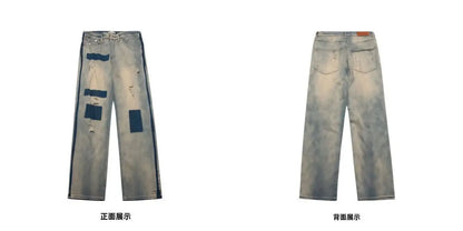 men and women trendy high street retro washed ripped color blocked jeans summer hip hop loose straight leg casual pants y2k unique jeans style 819