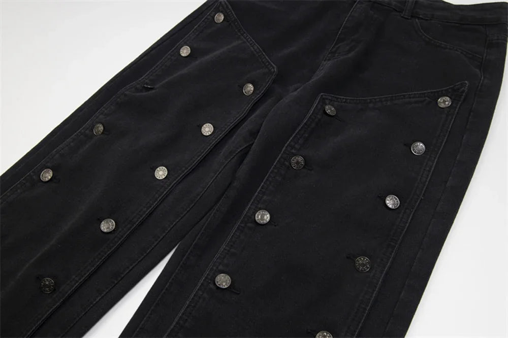 detachable button black washed baggy jeans for men straight harajuku ropa hombre loose denim trousers oversized cargo pants 1 unique cargo style 1147