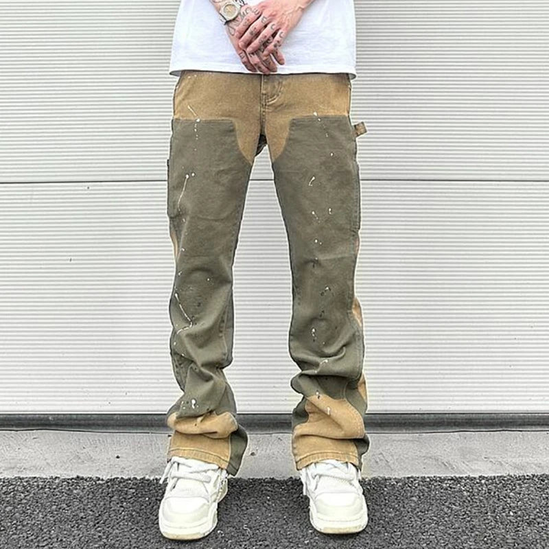 y2k spliced speckled ink patchwork baggy micro flare jeans pants for men streetwear pantalones hombre casual oversized cargos unique cargo style 3461