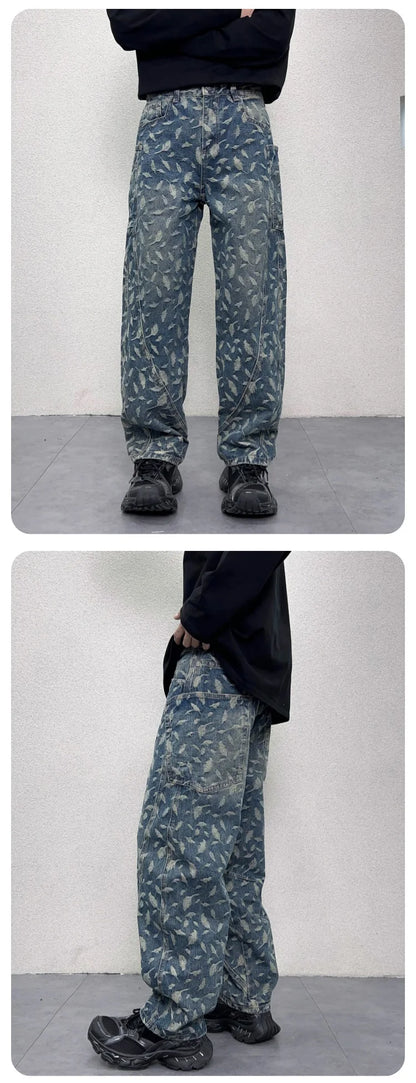 men jacquard loose casual hip hop vibe splice pocket denim baggy jeans pants man streetwear ripped jeans trousers boyfriend unique jeans style 2998