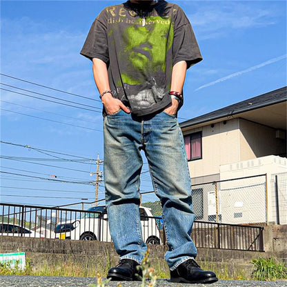 24ss Summer Retro Vintage Portrait Quality Printing High-Street Distressed T-Shirt Tops Street King Limited