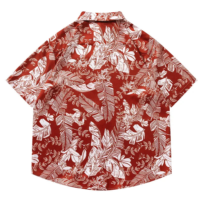 Men Red Hawaiian Shirts Summer Floral Leaves Print Short Sleeve Blouse Vintage Loose Streetwear Couple Holiday Beach Tops Street King Limited