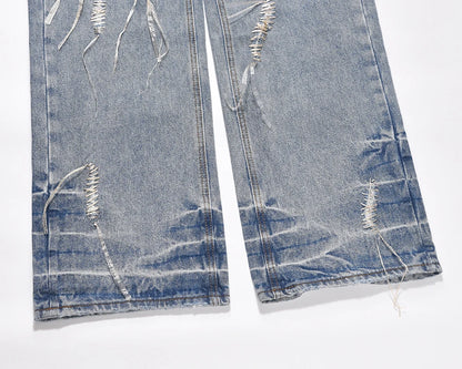 string lace up frayed washed pantalones hombre baggy blue jeans for men y2k streetwear washed casual denim trousers oversized unique jeans style 3237