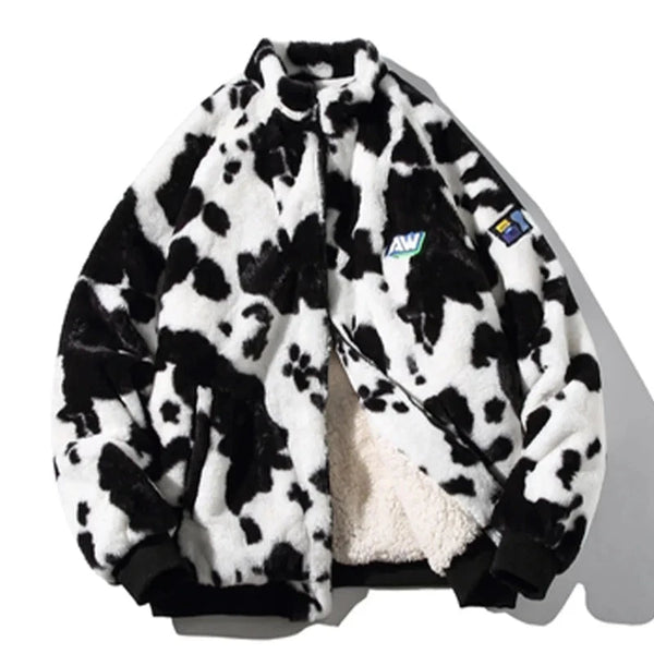 Men Lamb Wool Jacket Cow Spots Pattern Imitation Rabbit Furry Coat Oversized Stand Collar Zip-Up Windbreaker Gothic Streetwear Street King Limited