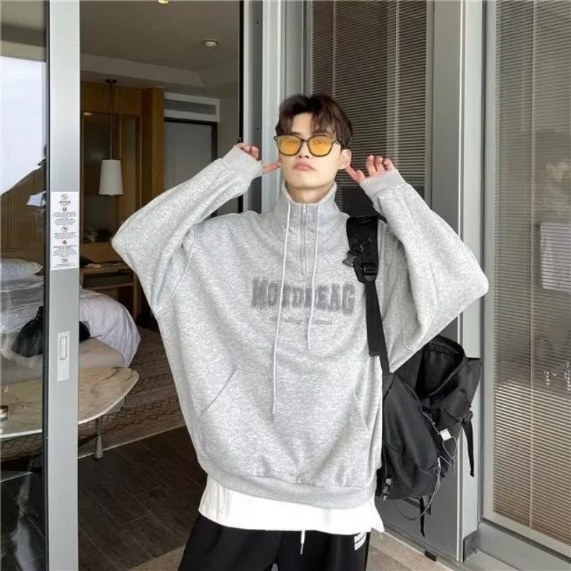 Street Half Zip Hoodie Mens Spring New Vintage Letter Embroidery Loose Sweatshirt Drawstring High Collar Big Pocket Pullover Top Street King Limited