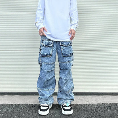 fashion loose streetwear cargo denim jeans unisex casual multi pocket wide legs jean pants hip hop joggers mens baggy jeans sporty tapered joggers