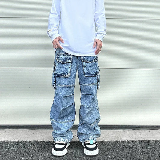 fashion loose streetwear cargo denim jeans unisex casual multi pocket wide legs jean pants hip hop joggers mens baggy jeans sporty tapered joggers