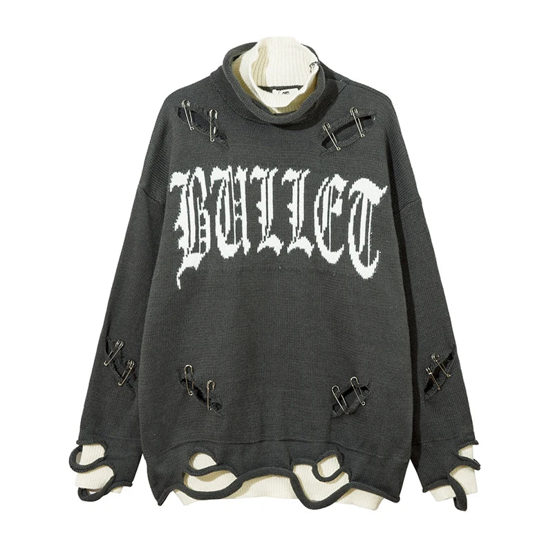 Men Knitted Sweater Harajuku Fake Two Pieces Loose Sweater Casual Ripped Holes Shoulder Long Sleeve Pullover Streetwear Sweaters Street King Limited