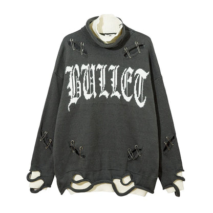 Men Knitted Sweater Harajuku Fake Two Pieces Loose Sweater Casual Ripped Holes Shoulder Long Sleeve Pullover Streetwear Sweaters Street King Limited