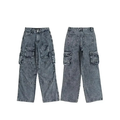 fashion loose streetwear cargo denim jeans unisex casual multi pocket wide legs jean pants hip hop joggers mens baggy jeans urban active pants