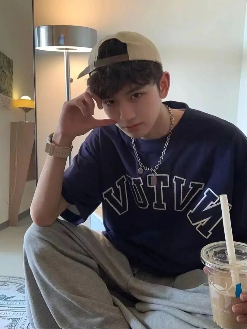 Heavy cotton short-sleeved T-shirt men's spring and summer loose European and American style high street hiphop T-shirt tops emo Street King Limited