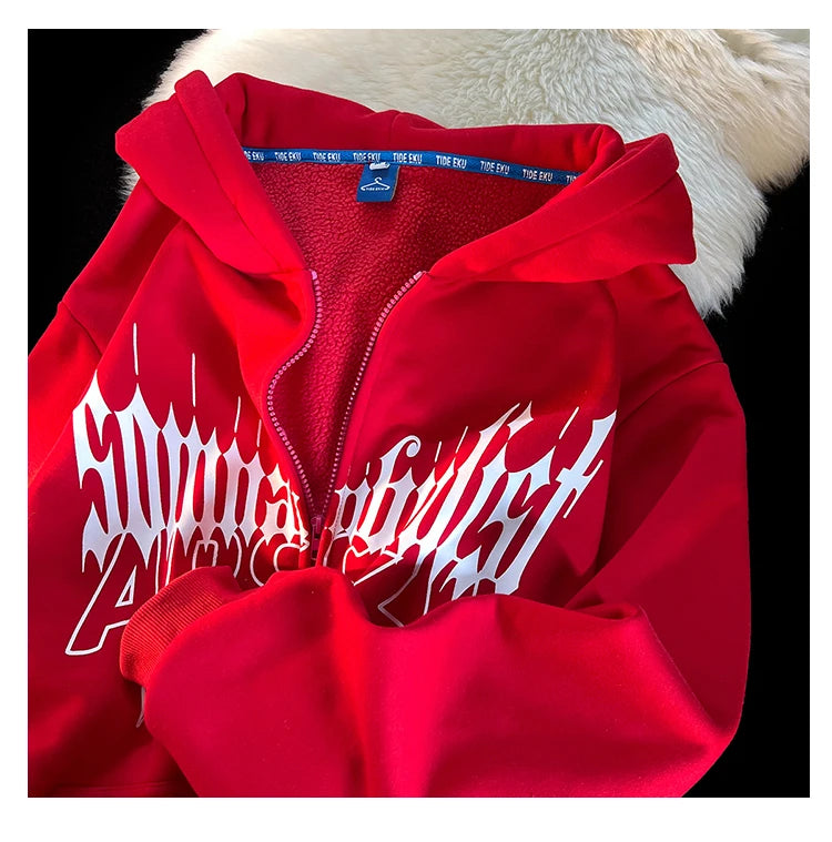 Y2K Kawaii Devil Horn Tail Hip Hop Badge Print Hoodies Cardigan Couples Street Loose Casual Zip Up Sweatshirt Harajuku Clothes Street King Limited