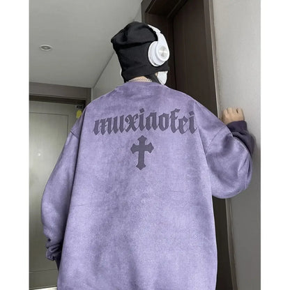 New suede sweatshirt for men in autumn new American high street handsome long sleeved couple tops printed round neck jacket y2k Street King Limited