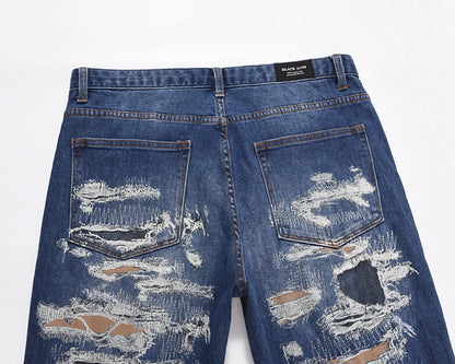harajuku cut hole ripped patchwork blue jeans for men straight retro streetwear casual denim pants oversized loose trousers unique jeans style 1102