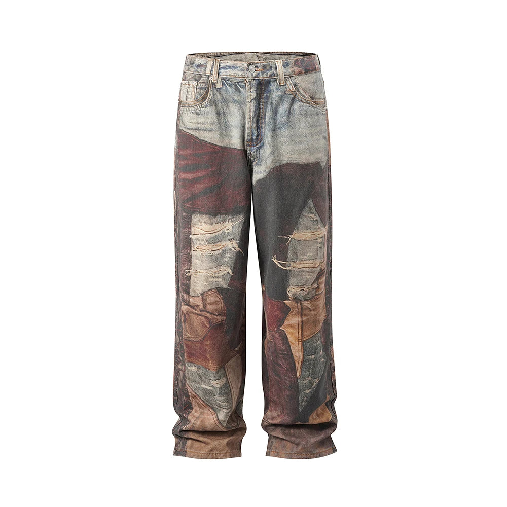 new autumn frayed patchwork baggy jeans pants for men and women straight ripped casual denim trousers oversized loose cargos combat utility trousers