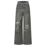 Men Ripped Tassel Jeans Reversed Pockets Distressed Denim Trousers American High Street Retro Wide Leg Straight Pants Unisex Street King Limited