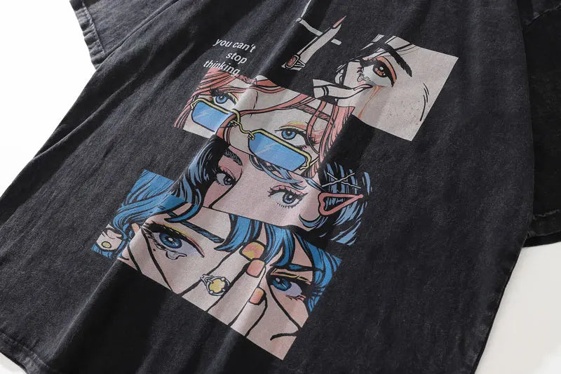 Distressed Oversize T Shirt Streetwear Japanese Anime Eyes Print Retro Tshirt 2023 Hip Hop Casual Cotton Loose T-Shirt Black Street King Limited