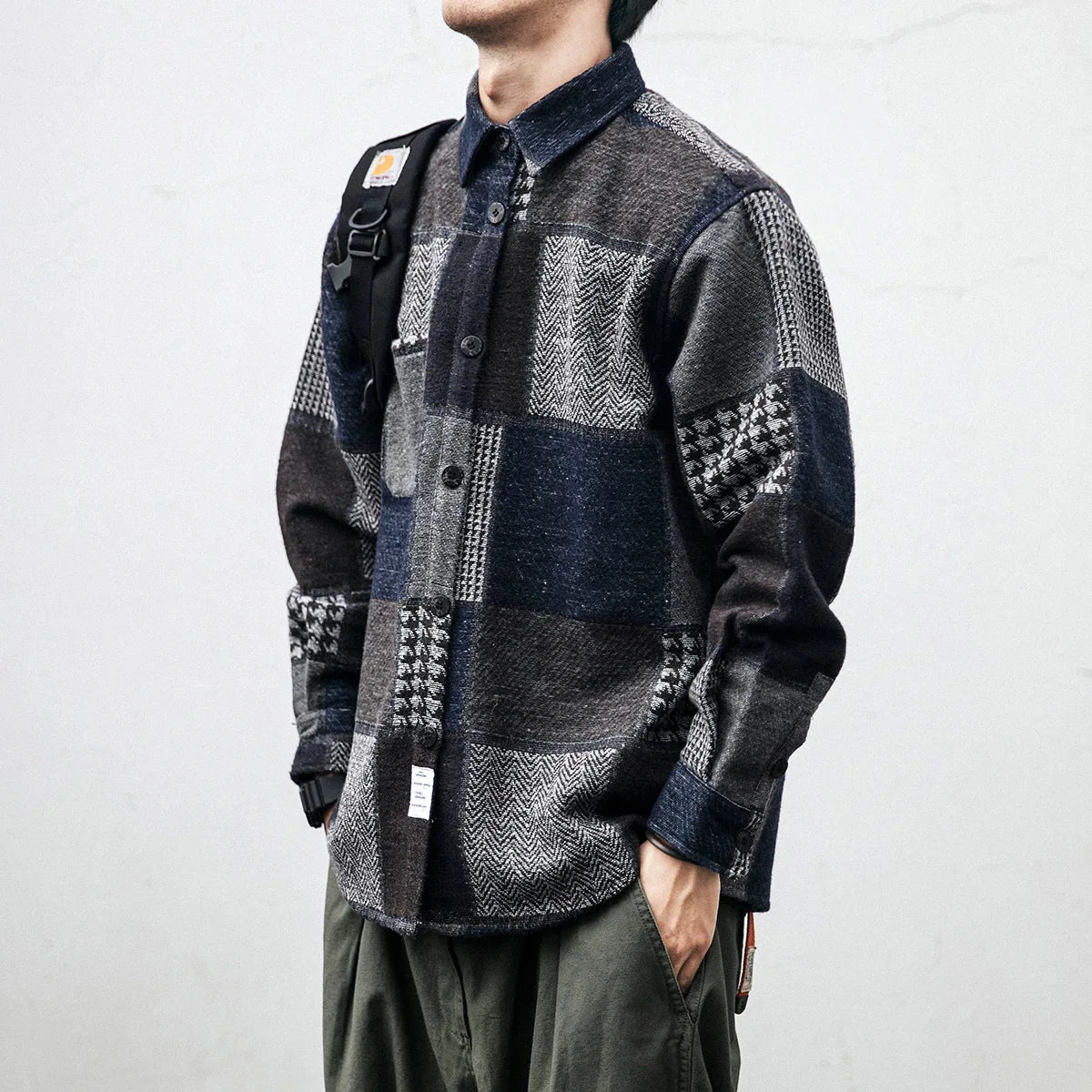 Autumn And Winter Japanese Vintage Splicing Plaid Shirt Men's Brushed Long-Sleeved Casual Thickened Versatile Woolen Shirt Street King Limited