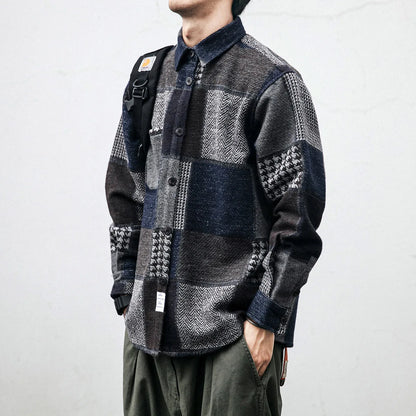 Autumn And Winter Japanese Vintage Splicing Plaid Shirt Men's Brushed Long-Sleeved Casual Thickened Versatile Woolen Shirt Street King Limited
