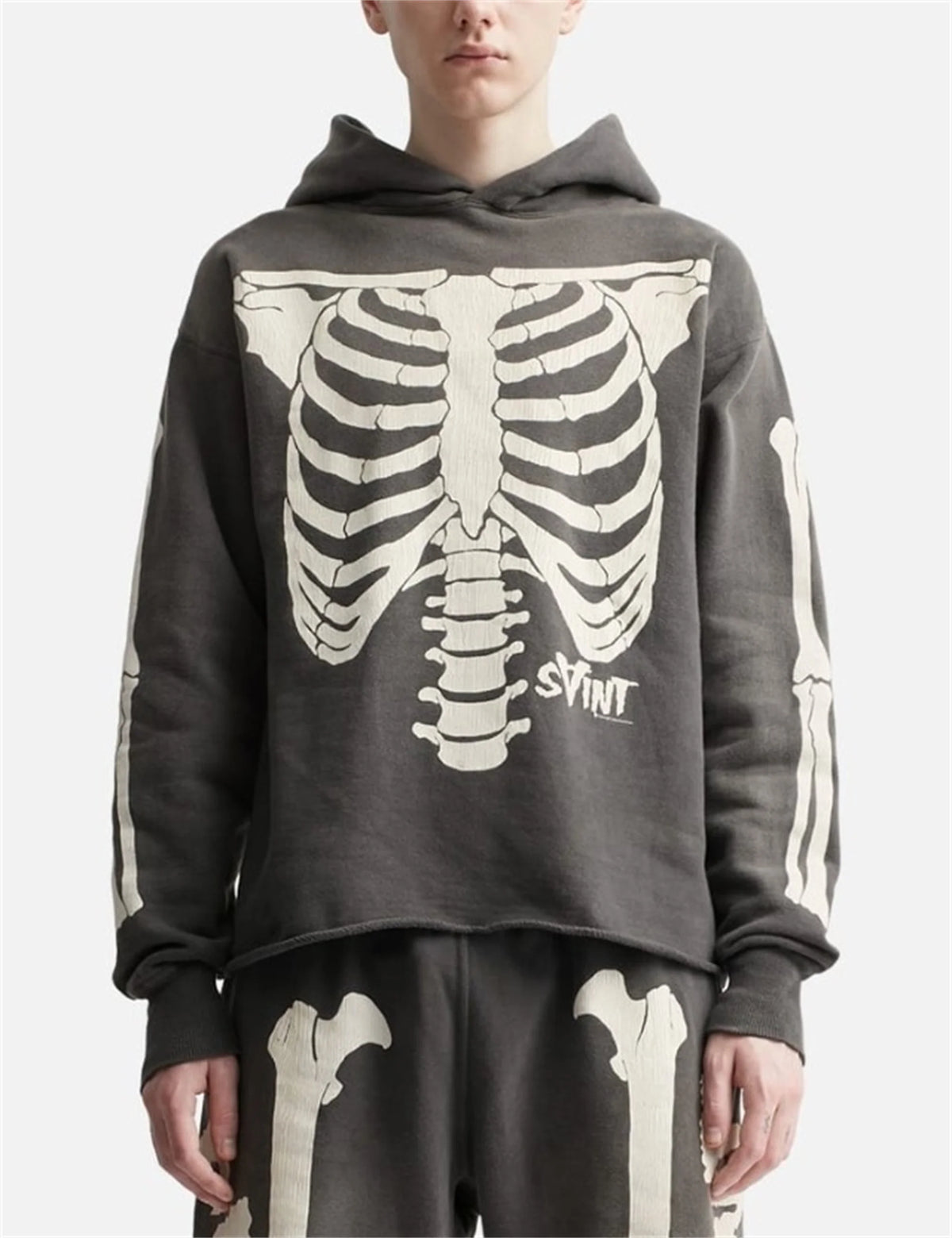 2024 SM Skeleton Rib Cracked Printed Hoodie High Street Washed Outdated Couple Loose Hoodies Street King Limited