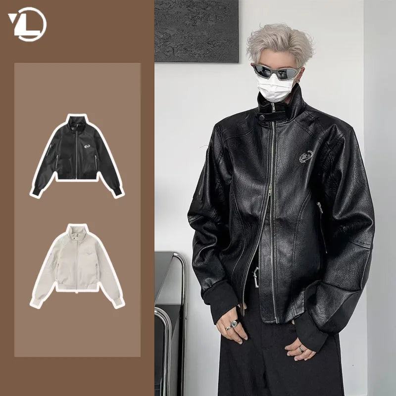 punk leather jacket mens spring standing collar trendy high street coats y2k streetwear hip hop motorcycle outwear 2024 new urban fashion pants