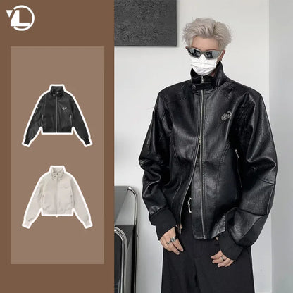 punk leather jacket mens spring standing collar trendy high street coats y2k streetwear hip hop motorcycle outwear 2024 new urban fashion pants