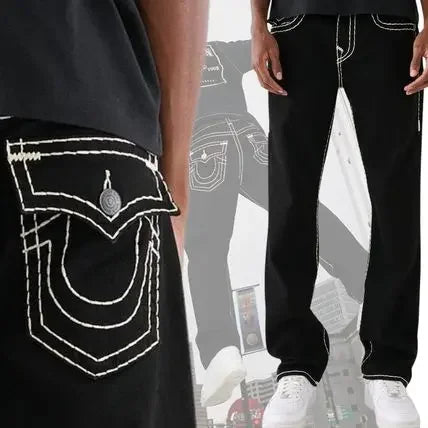 true religion vintage hip hop street leisure denim pants y2k gothic fashion embroidered straight leg wide leg jeans men clothing unique jeans style 3770