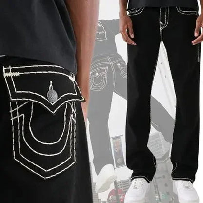 true religion vintage hip hop street leisure denim pants y2k gothic fashion embroidered straight leg wide leg jeans men clothing unique jeans style 3770
