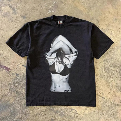 Heavy and opaque American-style undressed beauty print male and female couple design short-sleeved T-shirt men clothing y2k tops Street King Limited