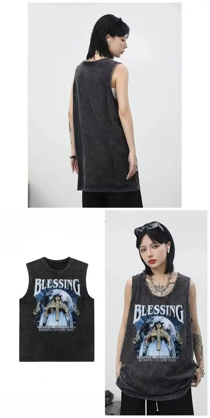 American pure cotton casual vest for outer wear hip-hop retro high street style trendy short-sleeved men's summer printed tops Street King Limited