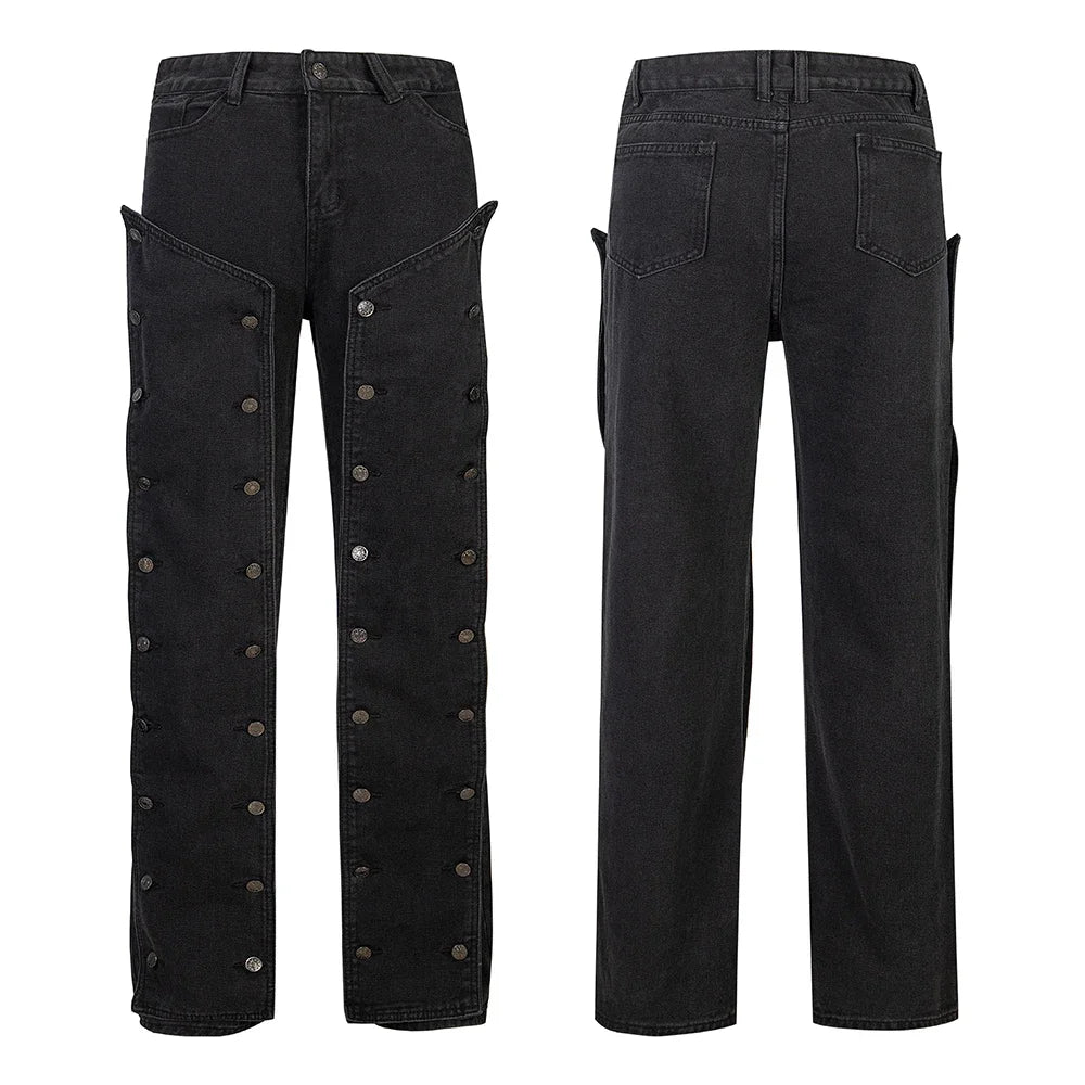 detachable button black washed baggy jeans for men straight harajuku ropa hombre loose denim trousers oversized cargo pants 1 combat utility trousers