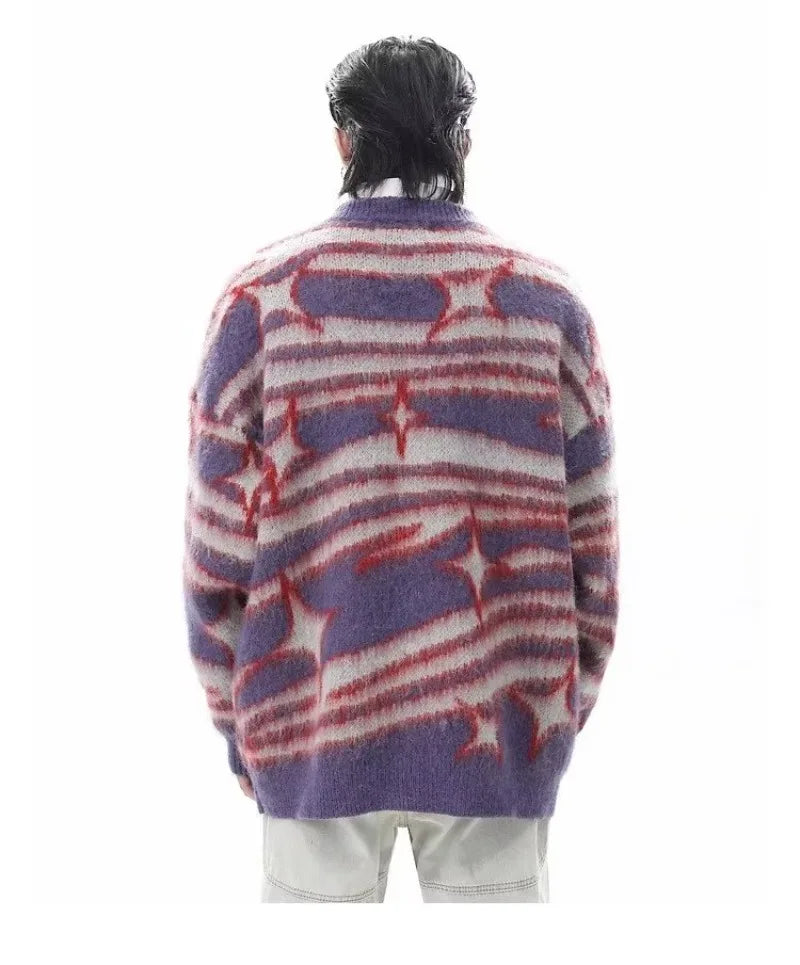 japanese hip hop sweater set men contrast zebra pattern round neck knit top splicing distressed loose jeans 2 pcs harajuku suit unique jeans style 3950