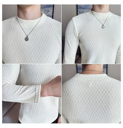 Autumn Winter Semi-turtleneck Stretch Slim Fit Long Sleeve Tshirt Men Thicken Velvet Jacquard Casual T-shirt Bottom T Shirt Street King Limited