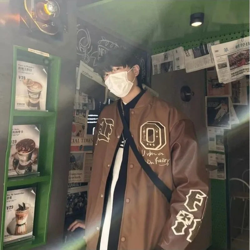 american retro mens baseball uniform street harajuku patchwork leather loose jackets color block towel embroidery trend coats unique default style 2935