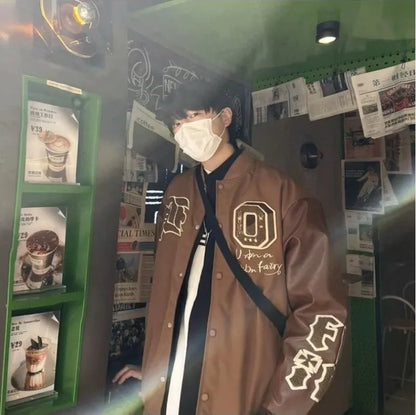 american retro mens baseball uniform street harajuku patchwork leather loose jackets color block towel embroidery trend coats unique default style 2935