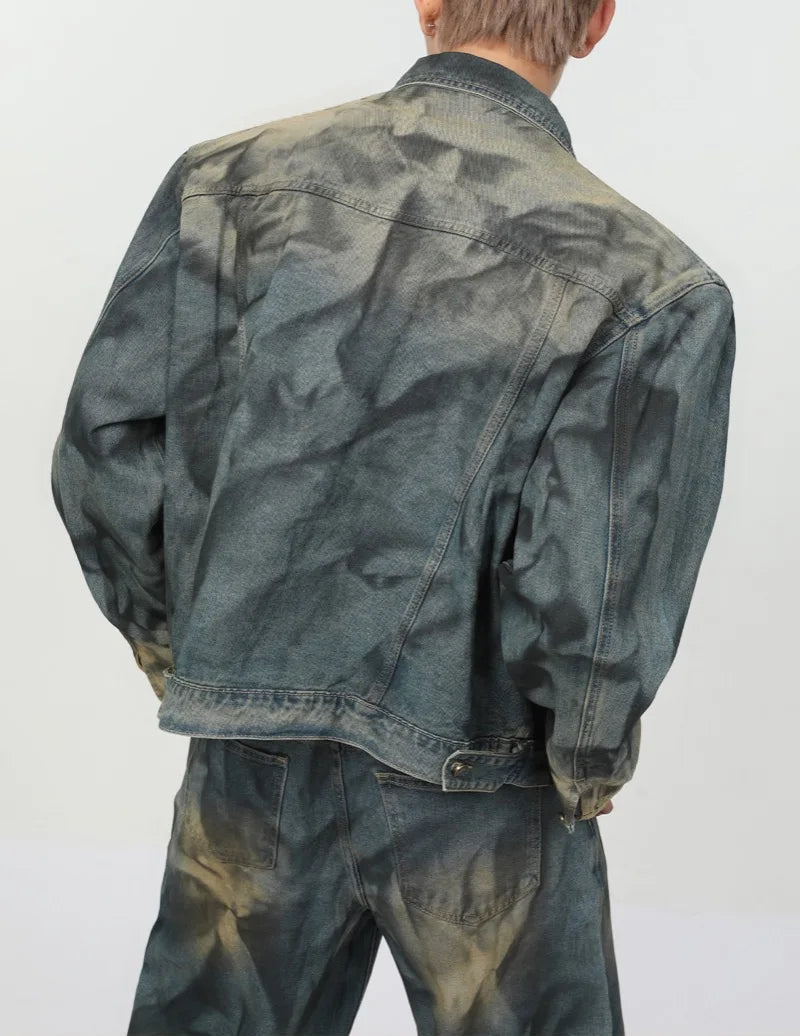 2 pieces sets mens fashion dirty graffiti wide shouder denim jeans jacket coat and wide legs pants joggers new streetwear sets casual joggers