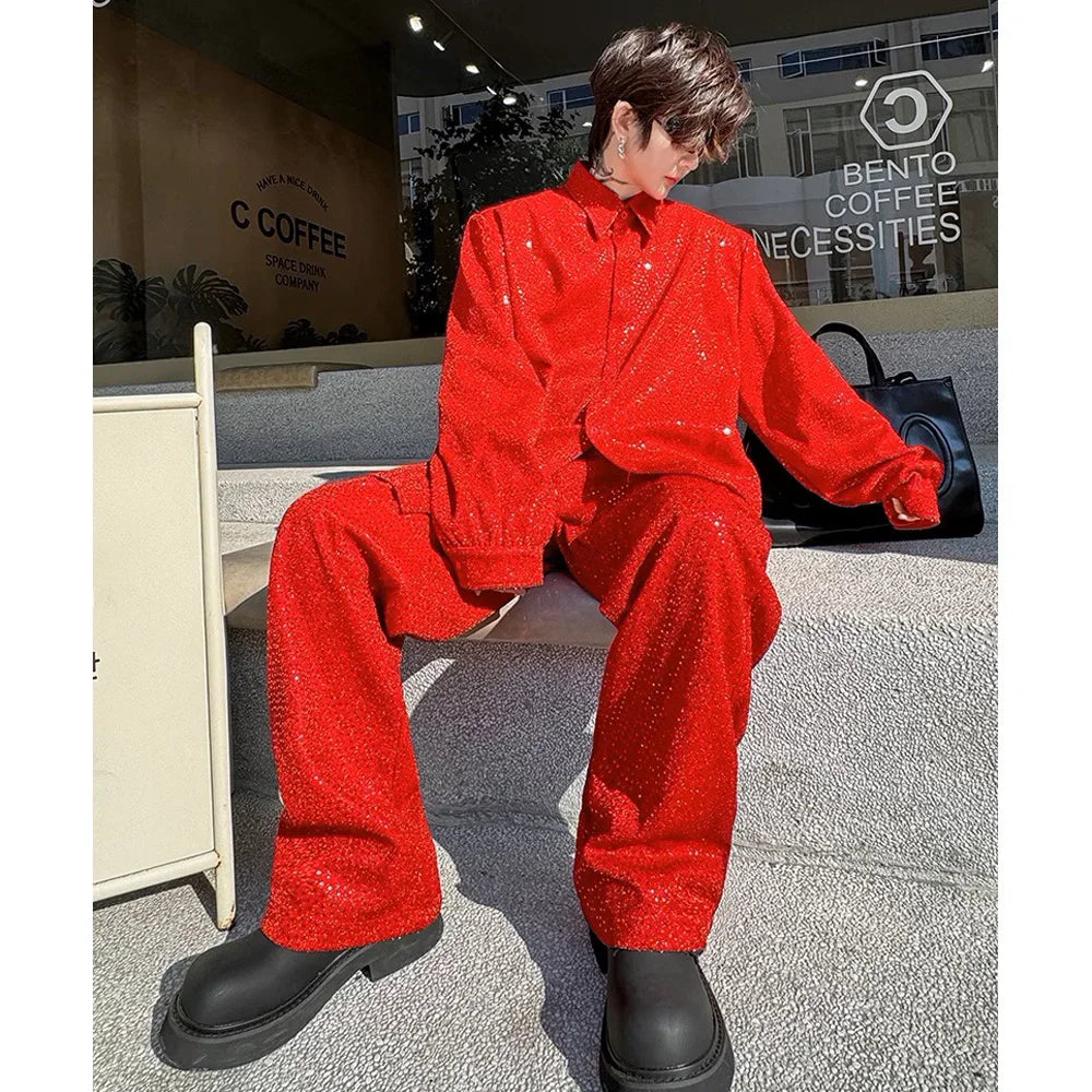 mens sequin 2 piece sets loose casual long sleeve shirt pant stage fashion party show clothing dress shirts trousers costumes unique default style 2775