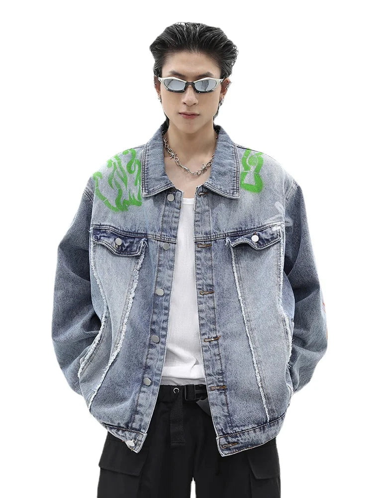 men harajuku graffiti denim jacket and coat fashion hip hop long sleeve jean patchwork outerwear casual streetwear jeans jackets unique jeans style 3717