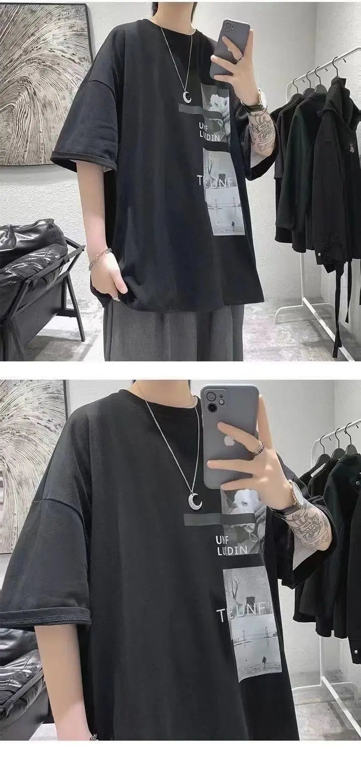 T-shirt men's 2024 summer new Korean style short-sleeved fat man versatile top student trendy T-shirt men clothing y2k tops emo Street King Limited