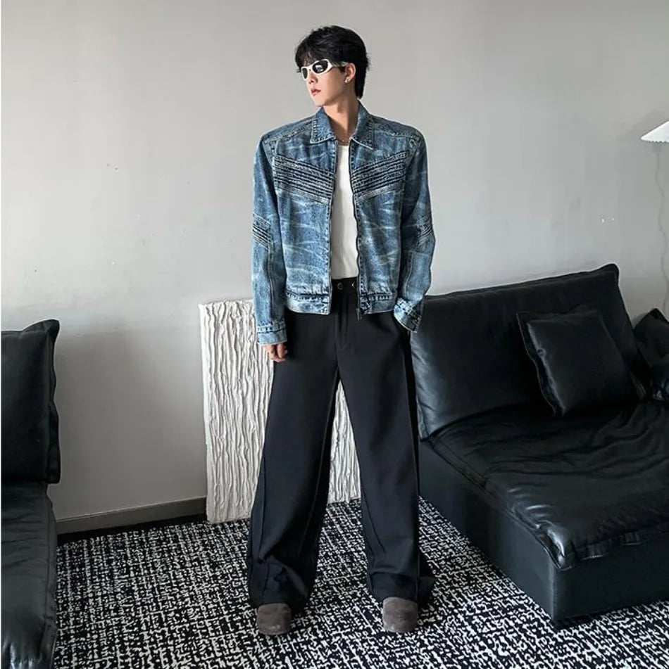 vintage washed mens denim jacket heavy weight high street contour pleat design cowboy coats short motorcycle hip hop outwear unique jeans style 3701