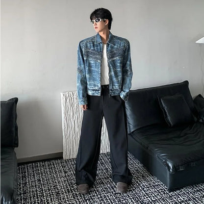 vintage washed mens denim jacket heavy weight high street contour pleat design cowboy coats short motorcycle hip hop outwear unique jeans style 3701