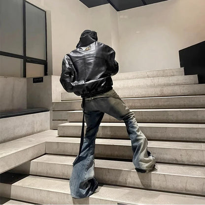 Ro Style Gradient Blue Horn Stacked Floor Dragging Jeans Unisex Streetwear Baggy Y2K Ribbons Zipper Denim Trousers Oversized Street King Limited