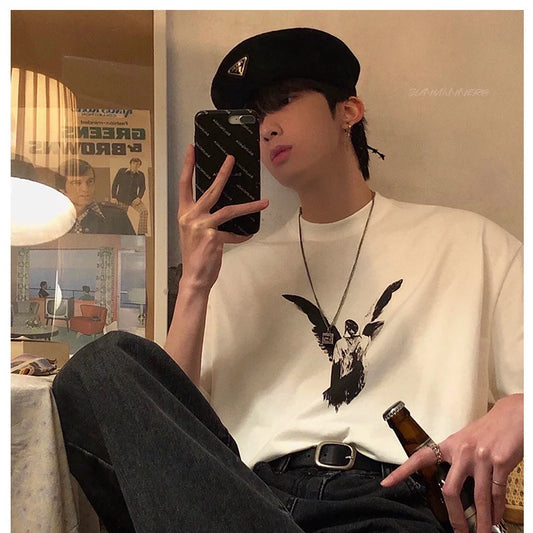 Summer Korean style personalized graphic print T shirt new Japanese style creative angel simple y2k retro oversized T shirt Street King Limited